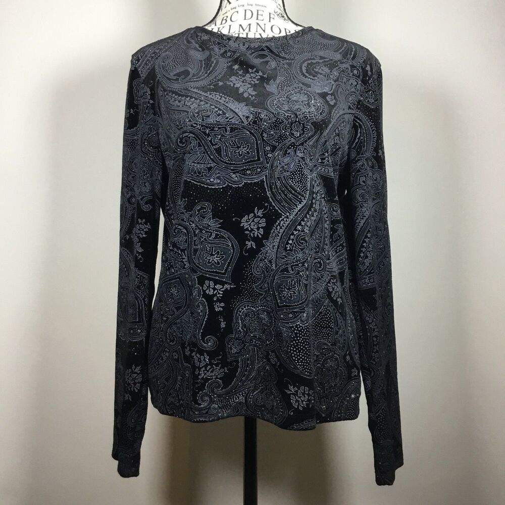 Black sparkly silver paisley pattern velvet top whimsy witchy sz M